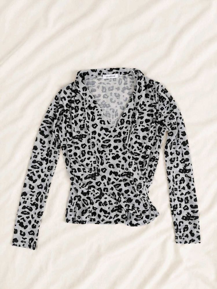 Leopard Print Long Sleeve Wrap Top