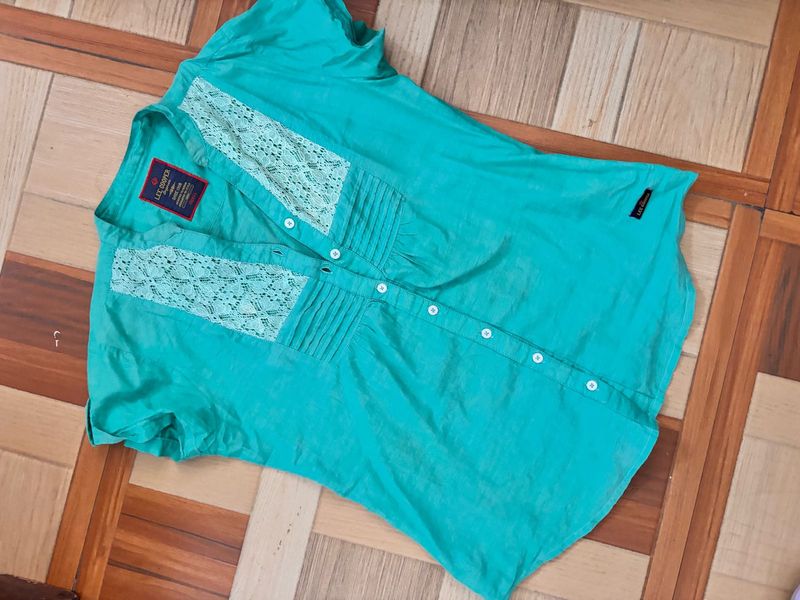 Blue Lace Detail Button-Up Top