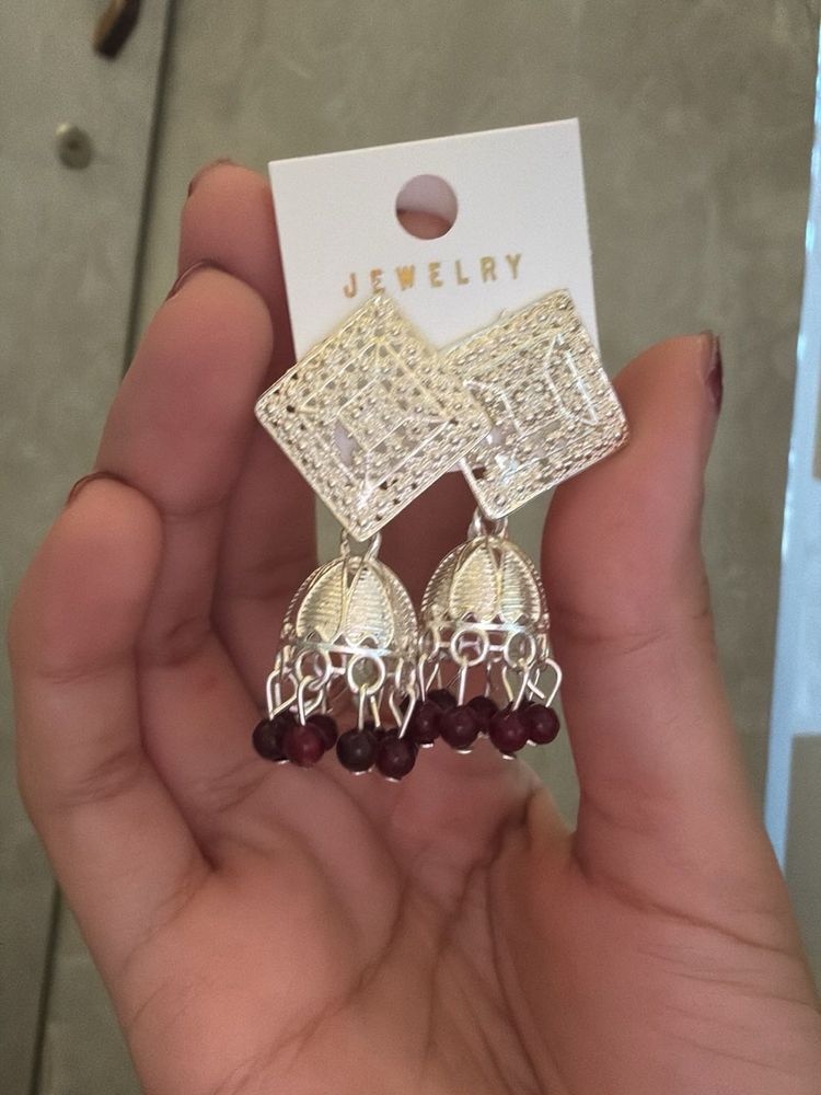 Elegant Jhumka Earrings with Red Beads