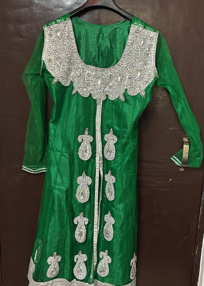 Green anarkali Set with Silver Embellishm