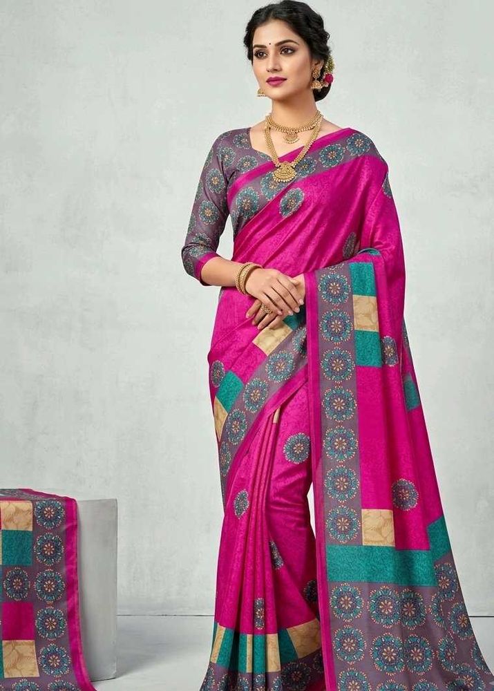 Vibrant Pink Printed Silk Saree