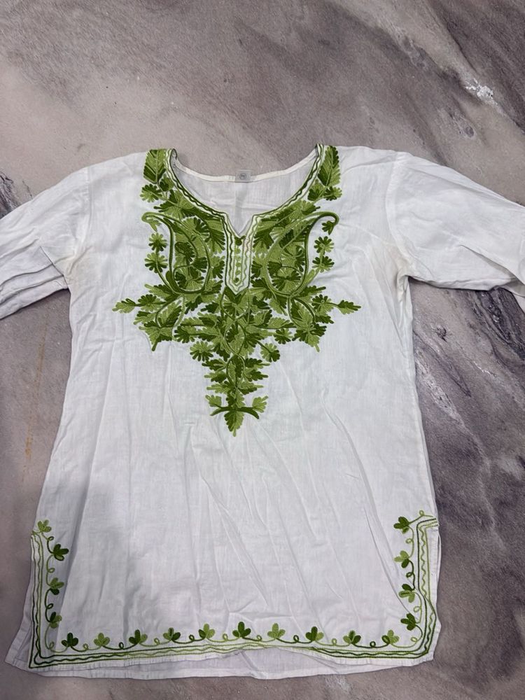 White Kurta with Green Embroidery