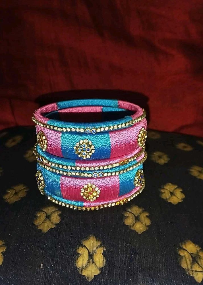 Pink &amp; Blue Silk Thread Bangles (Set of 6)