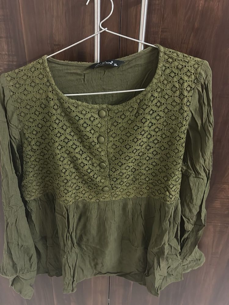 Olive Green Lace Yoke Top