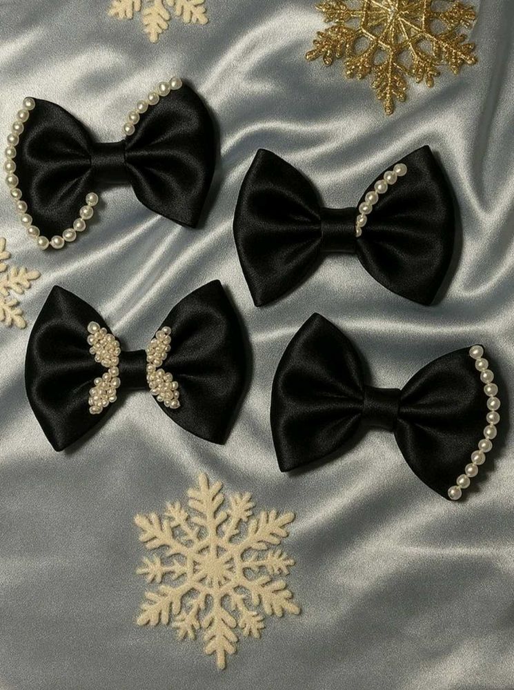Set of 4 Black Pearl Bow Hair Clips