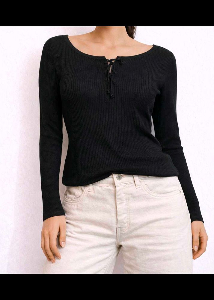 Ribbed Black Long Sleeve Tie Neck Top