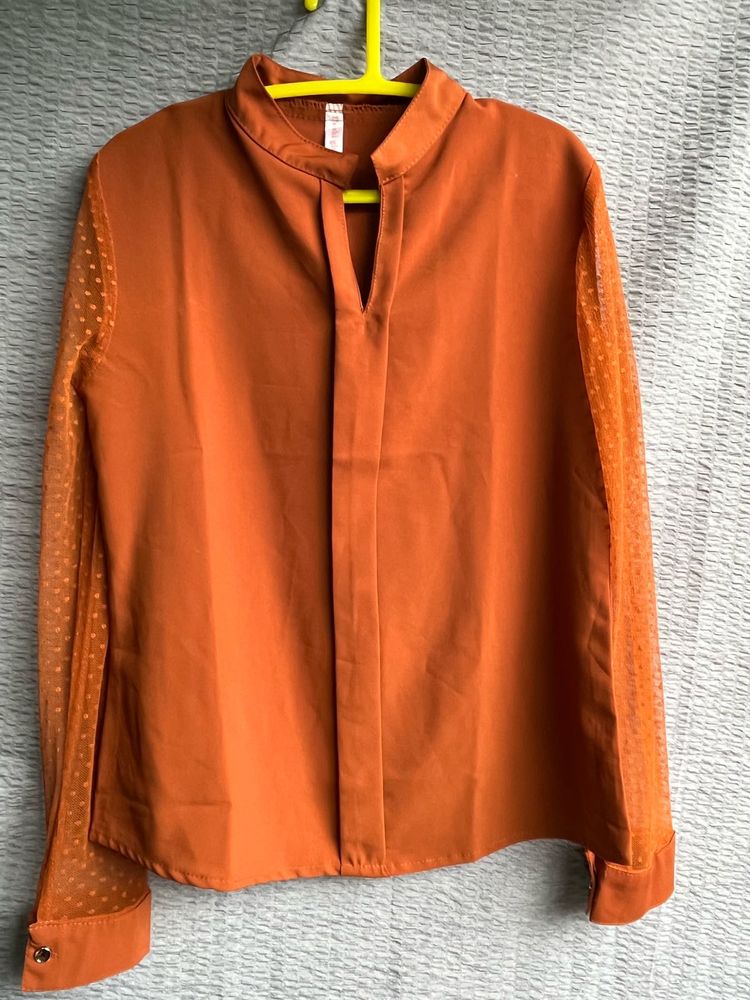 Elegant Copper Satin Blouse with Mesh Detail