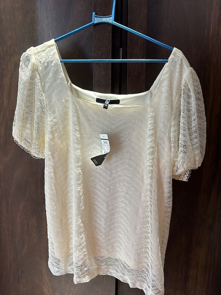 Off White Tshirt, Net Pattern, With Puff Sleeves