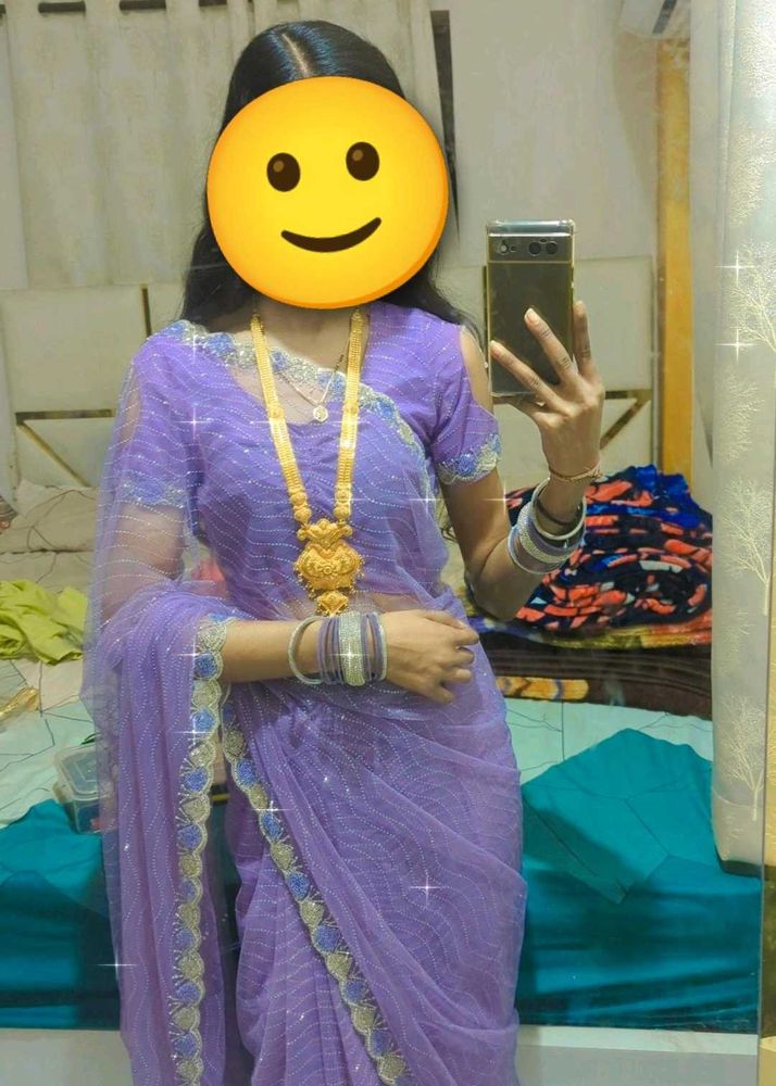 Elegant Lavender Handwork Net Saree