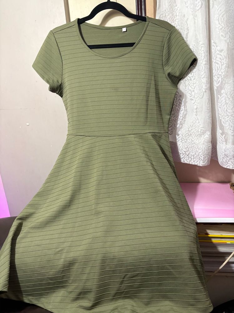 Olive Green Striped Fit &amp; Flare Dress