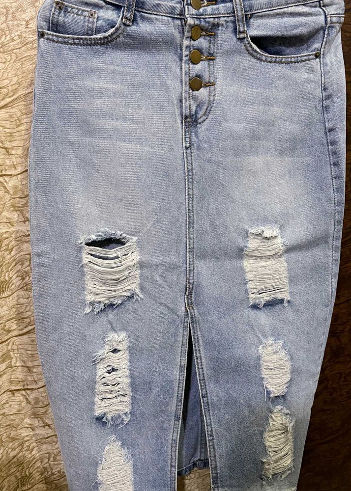 Light Wash Ripped Denim Midi Skirt