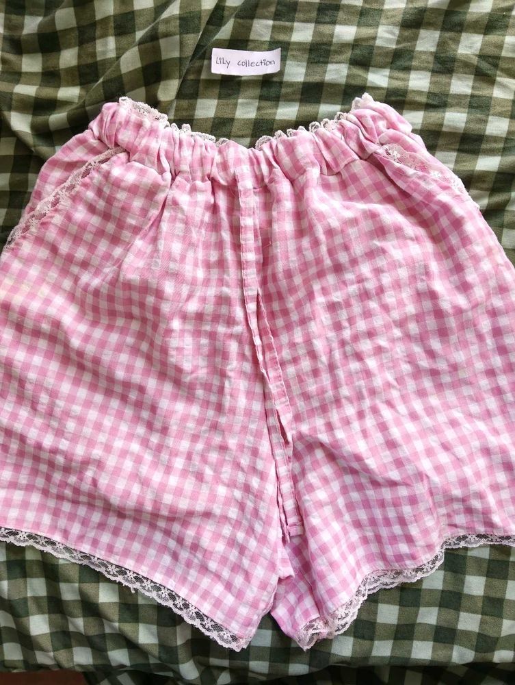 Pink Gingham Pajama Shorts with Lace Trim