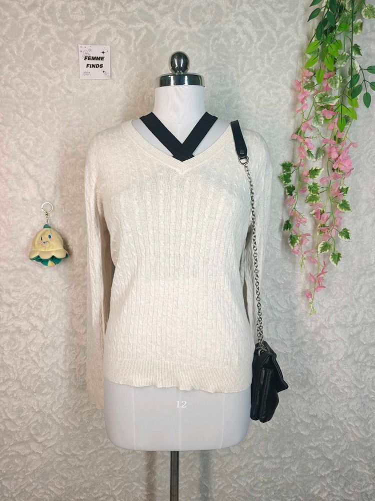 Cream Cable Knit V-Neck Sweater