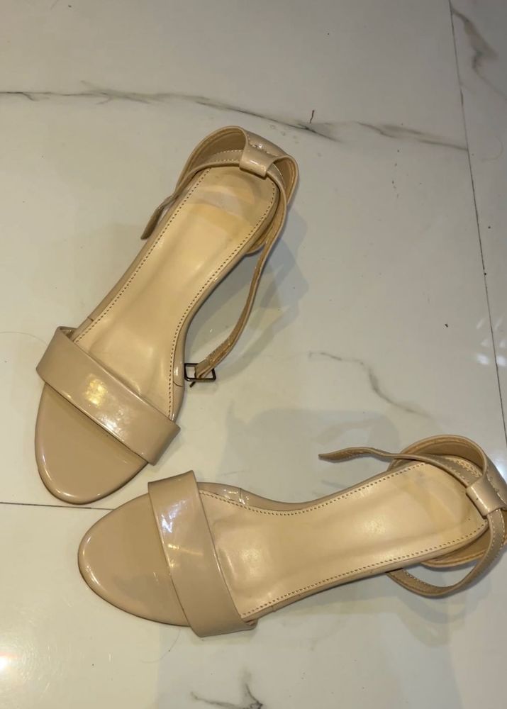Elegant Nude Patent Block Heel Sandals