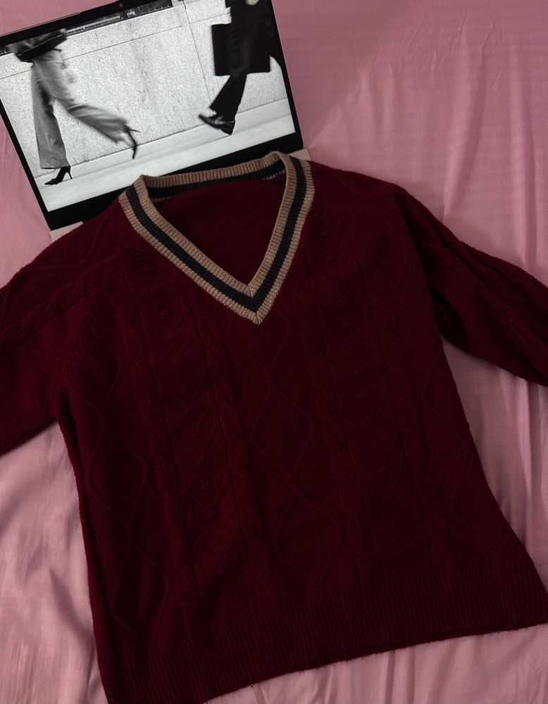 Burgundy Cable Knit V-Neck Sweater