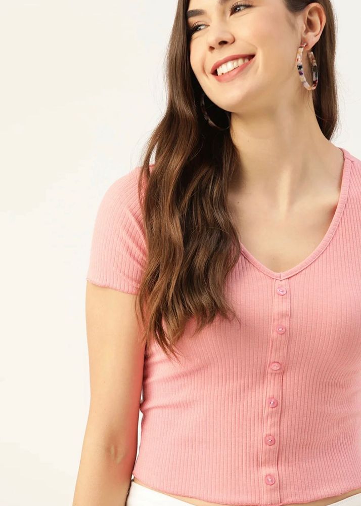Ribbed Button-Up Pink Crop Top