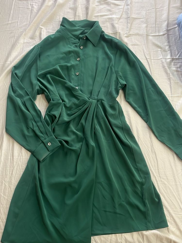 Elegant Green Draped Shirt Dress