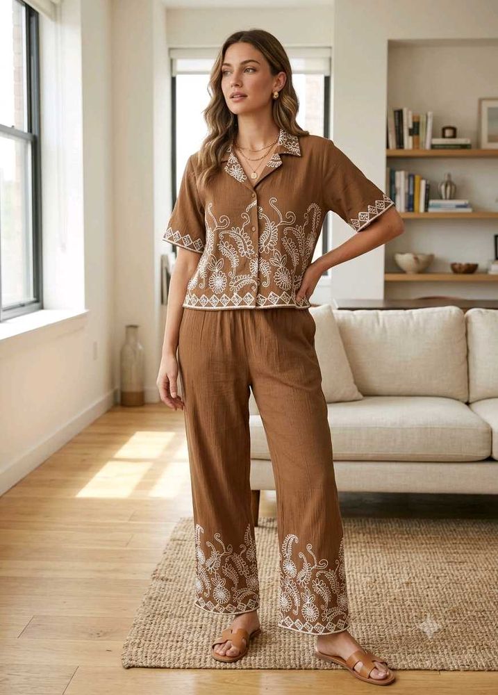 Embroidered Two-Piece Pajama Set