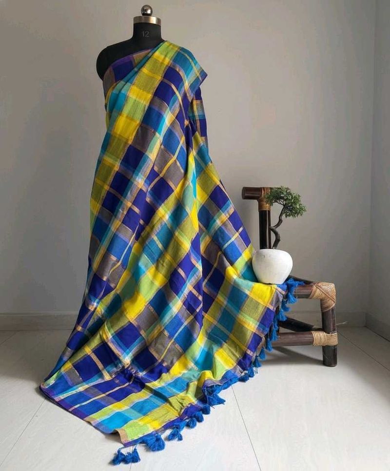 Brand New Vibrant Cotton Zari Checkered Saree