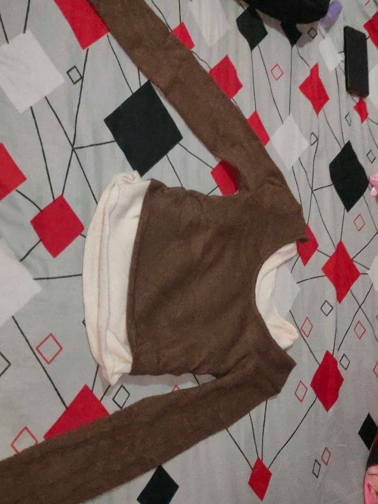 Brown Ribbed Mock Layered Pullover