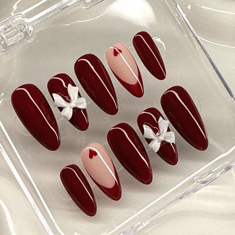 Burgundy Press-On Nails with Bows