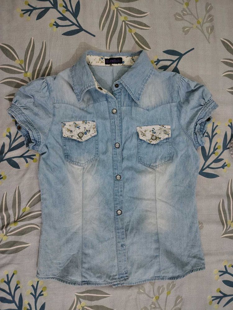 Cute Denim Shirt with Floral Accents