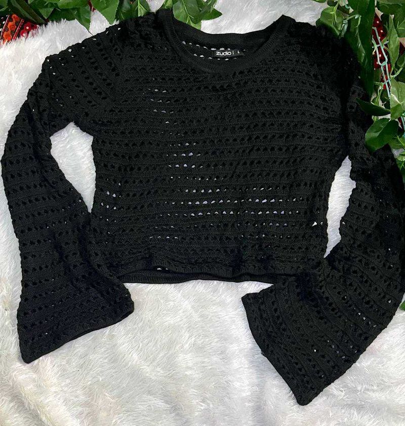 Black Crochet Bell Sleeve Top