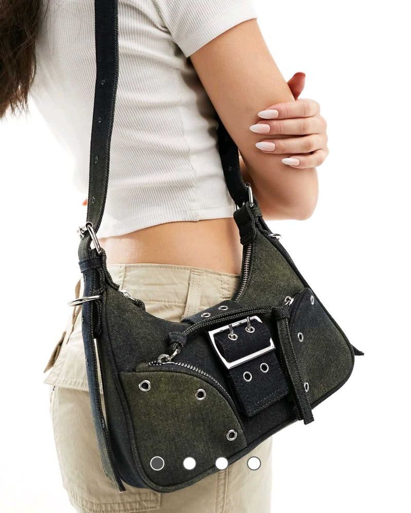 Bershka buckle detail denim crossbody bag in dirty