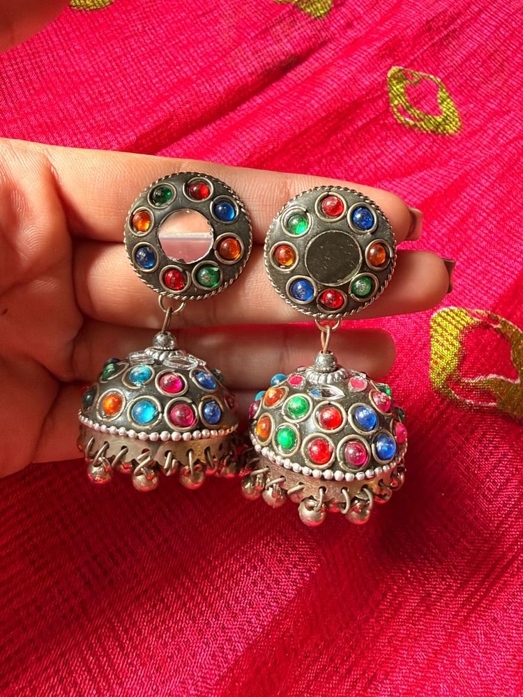 Boho Jhumka Earrings with Mirror