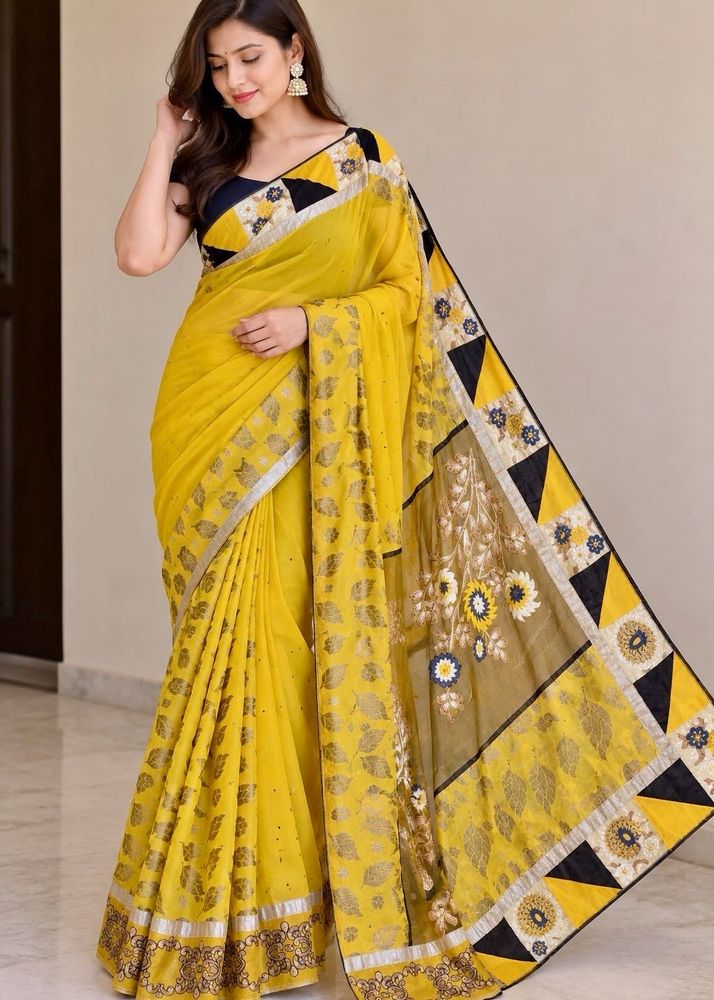 Vibrant Yellow Floral Print Saree