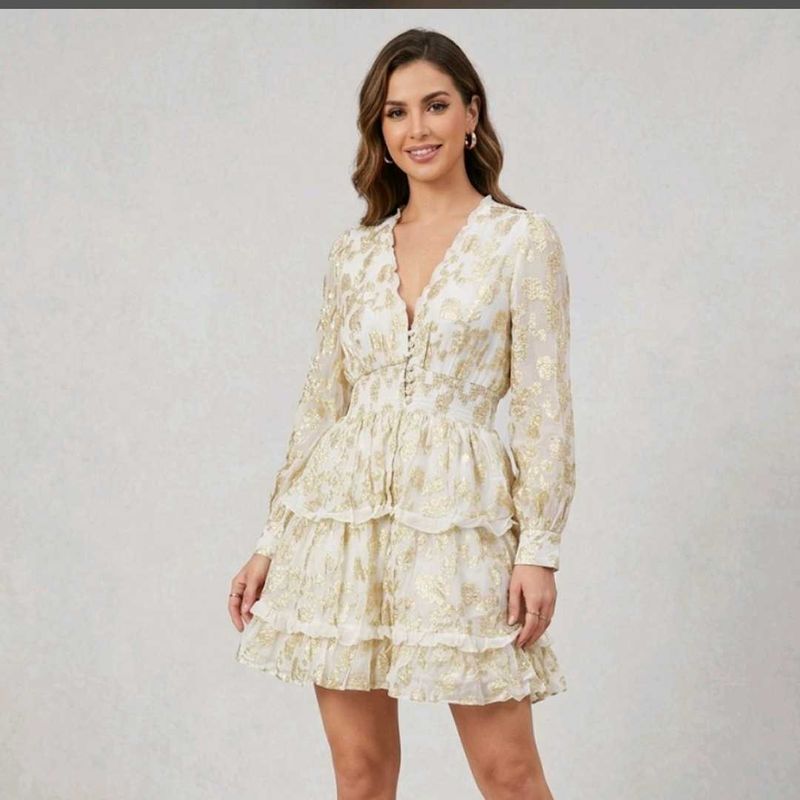 Style Island Chic Gold Floral Print Tiered Dress