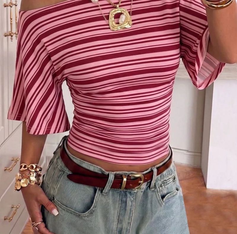 Striped Off-Shoulder Flutter Sleeve Top