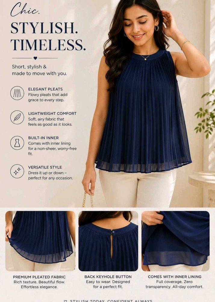 Navy Blue Pleated Flowy Top with Inner Lining | El