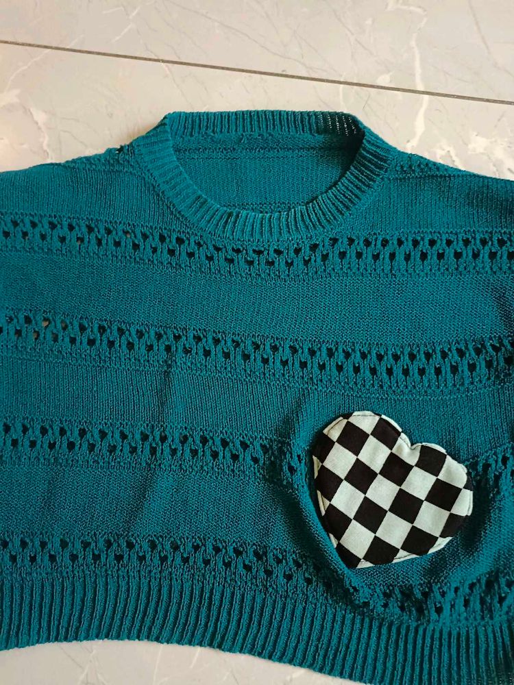 Teal Knit Sweater with Heart Patch