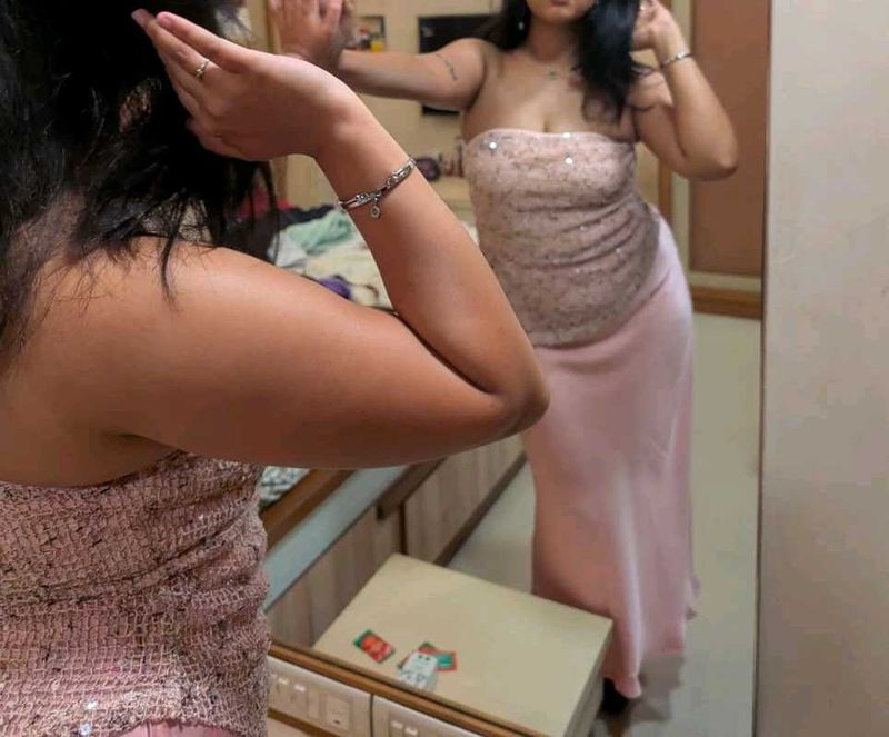 savana Sequined Strapless top with a pink skirt