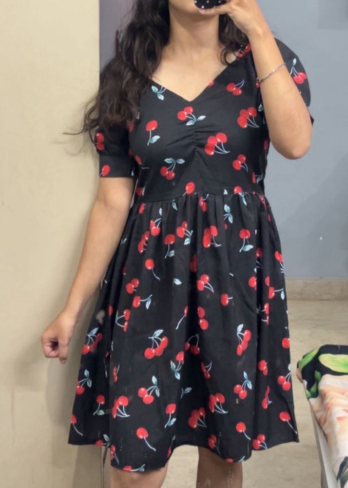 Cute Cherry Print Black Dress