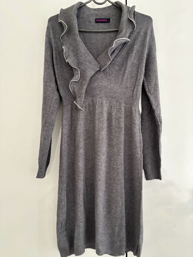 Stylish Grey Ruffled Knit Dress
