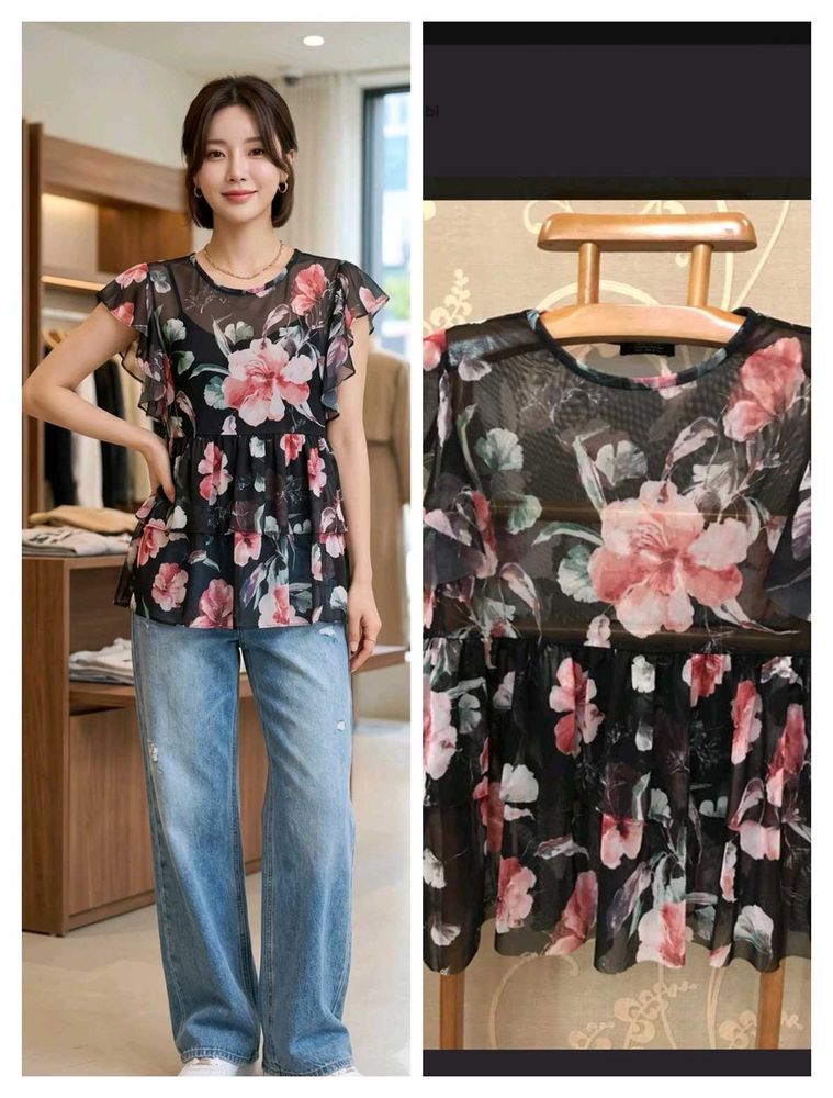 Sheer Floral Print Ruffle Sleeve Top