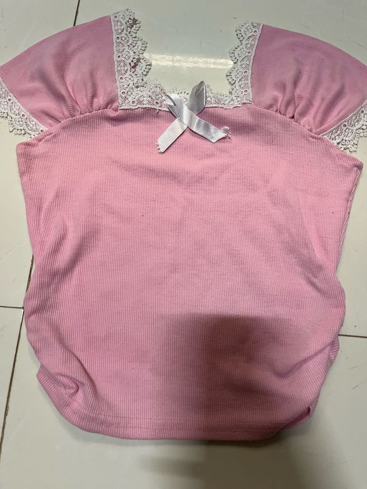 Pink Lace Trim Crop Top
