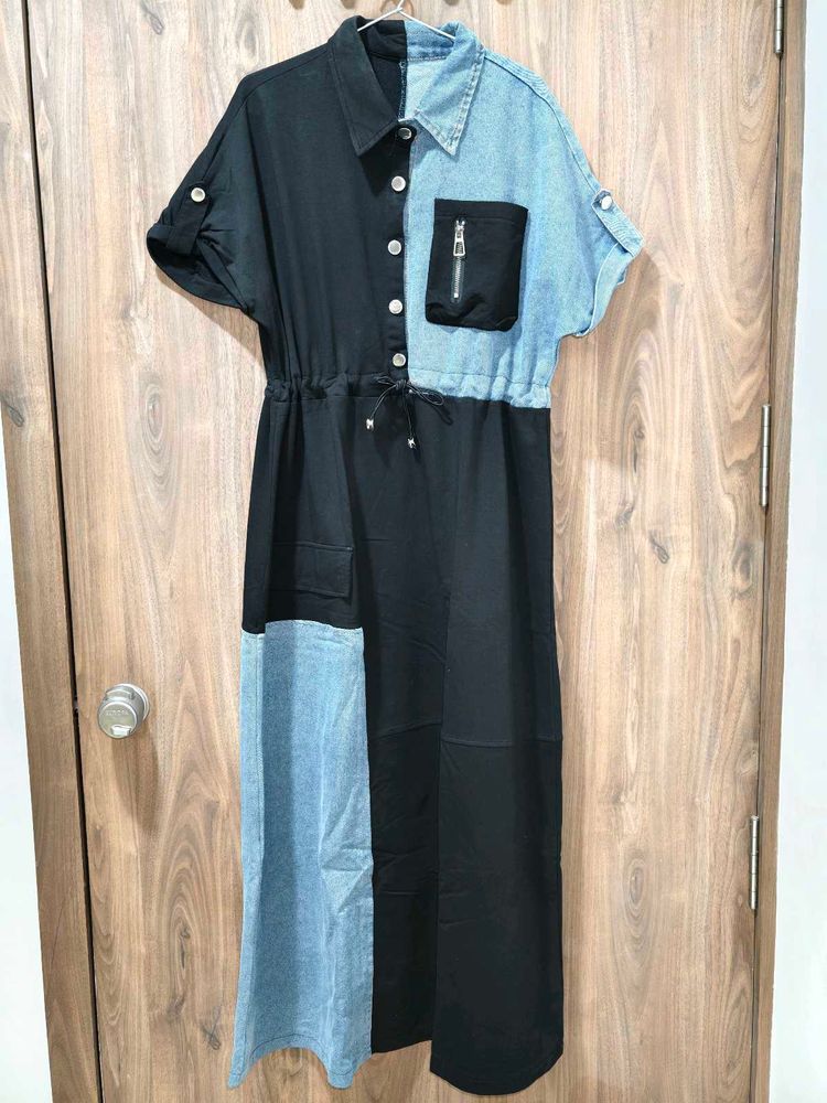 Colorblock Denim &amp; Black Button-Up Dress