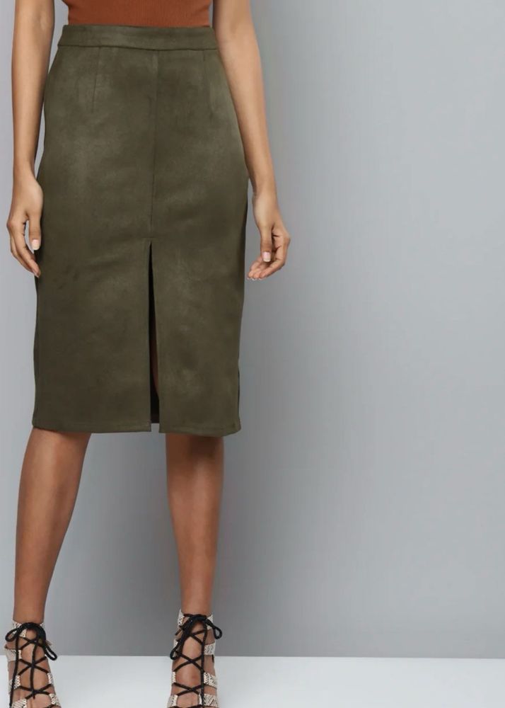 High waist suede slit skirt