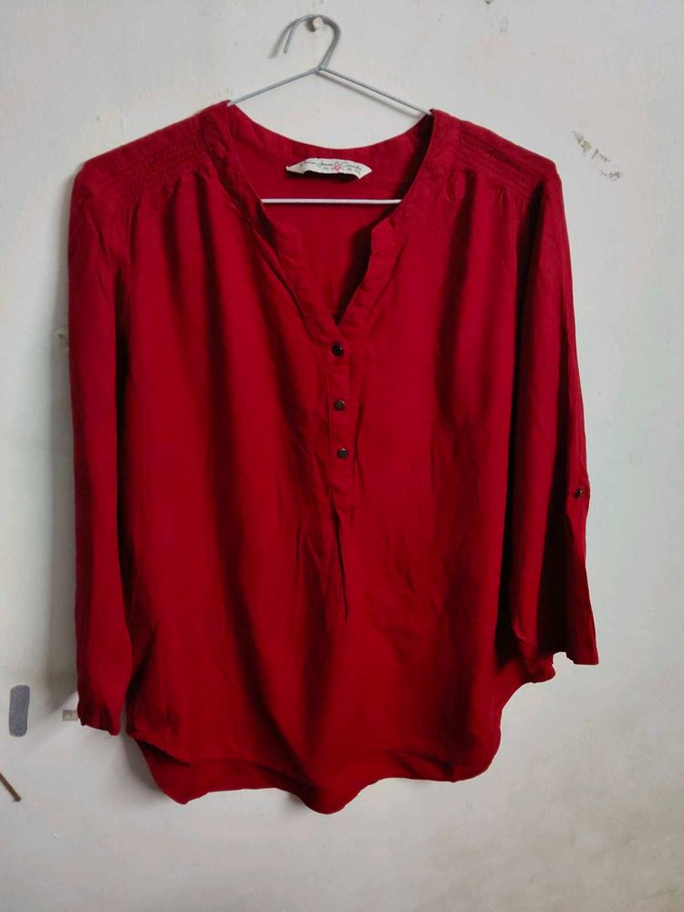 Red V-Neck Button-Up Blouse