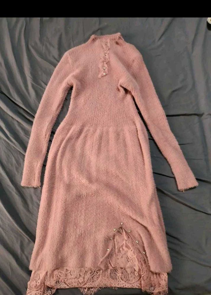 Cozy Pink Fuzzy Lace Trim Dress