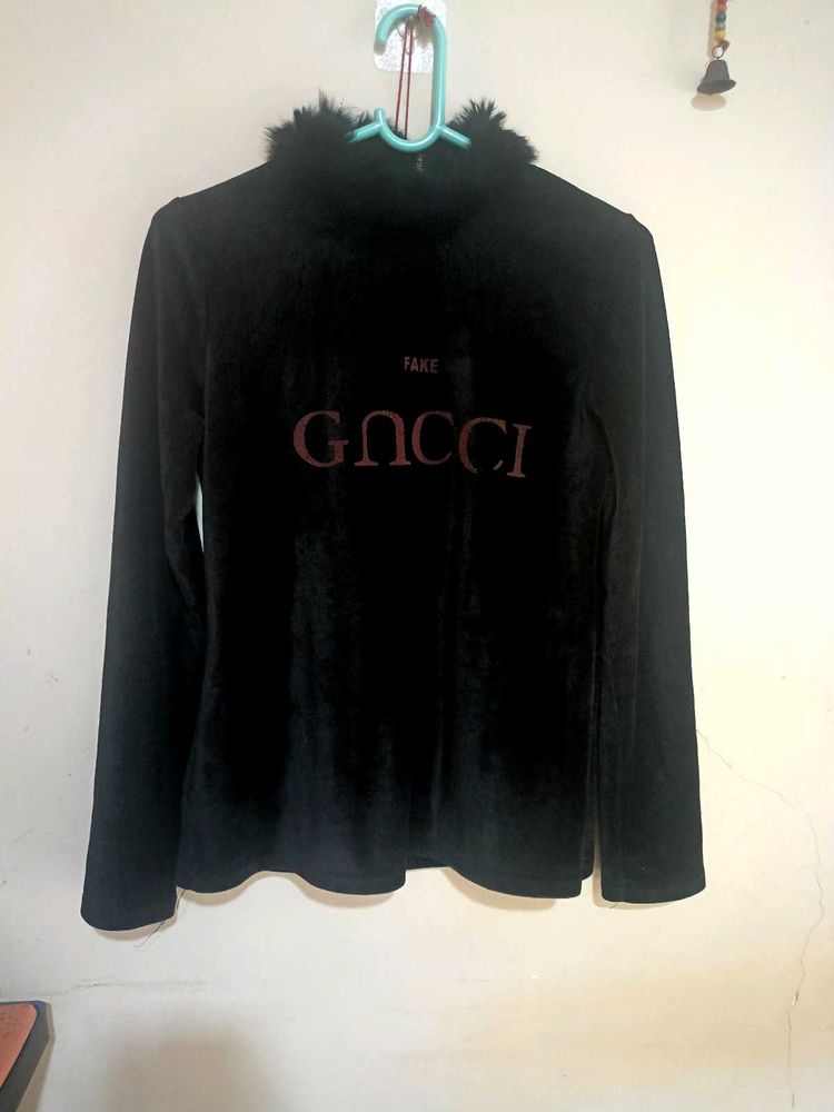 Black Velvet Top with Faux Fur Collar