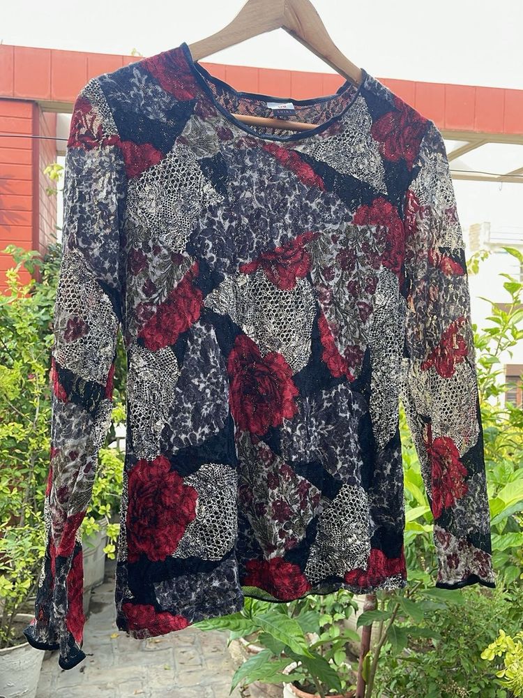Sheer Floral Print Long Sleeve Top