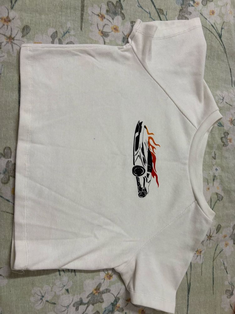 White Cropped T-Shirt with Car Graphic