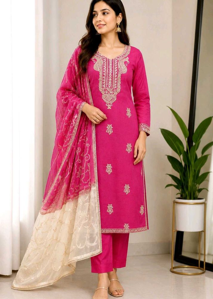 Vibrant Pink Embroidered dress material