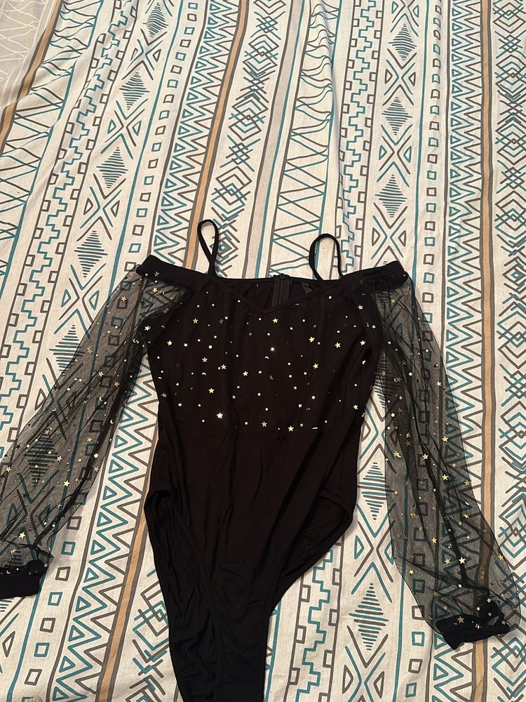 Black Bodysuit With Sheer Sleeves