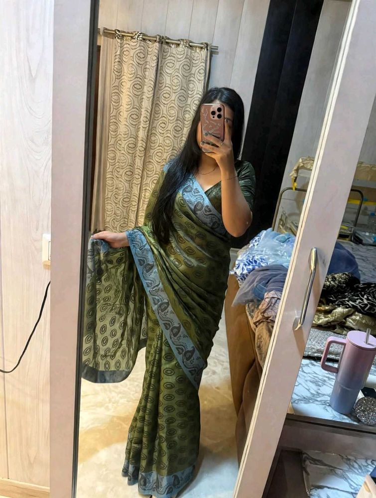 Beautiful Printed Olive Green Saree