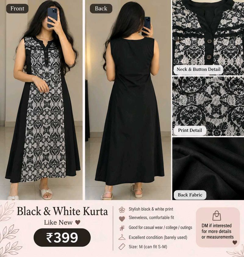 Stylish Black &amp; White Sleeveless Kurta